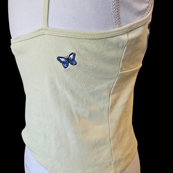 VTG Y2K Energie Light Yellow Babydoll Tank Embroidered Butterfly Cropped Sz M - Picture 2 of 7